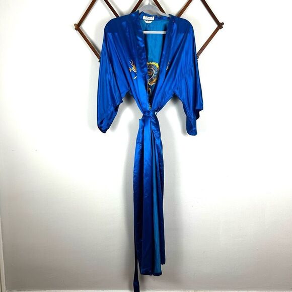 GOLDEN DRAGON Silk Embroidered Robe Blue XL GUC S582 - Picture 1 of 7